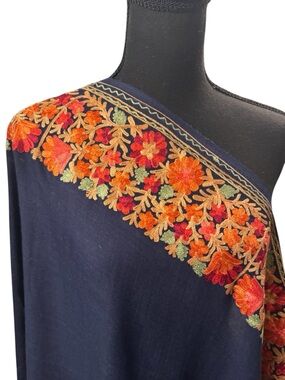 Embroidered Navy Floral Border Shawl